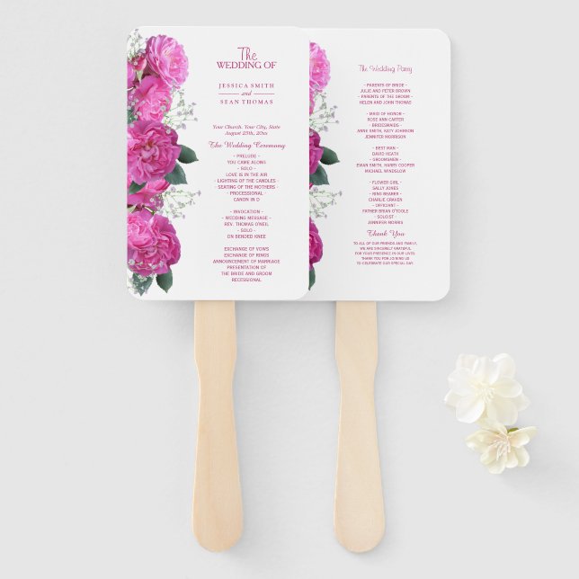 Romantic Floral Bouquet Wedding Program Hand Fan (Front and Back)