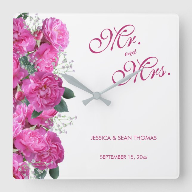 Romantic Floral Bouquet Wedding Square Wall Clock (Front)