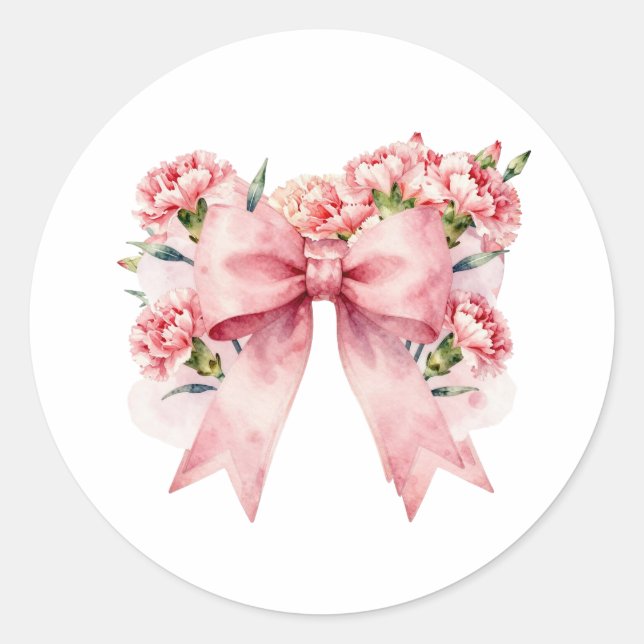 Romantic Floral Bow Illustration Classic Round Sticker (Front)