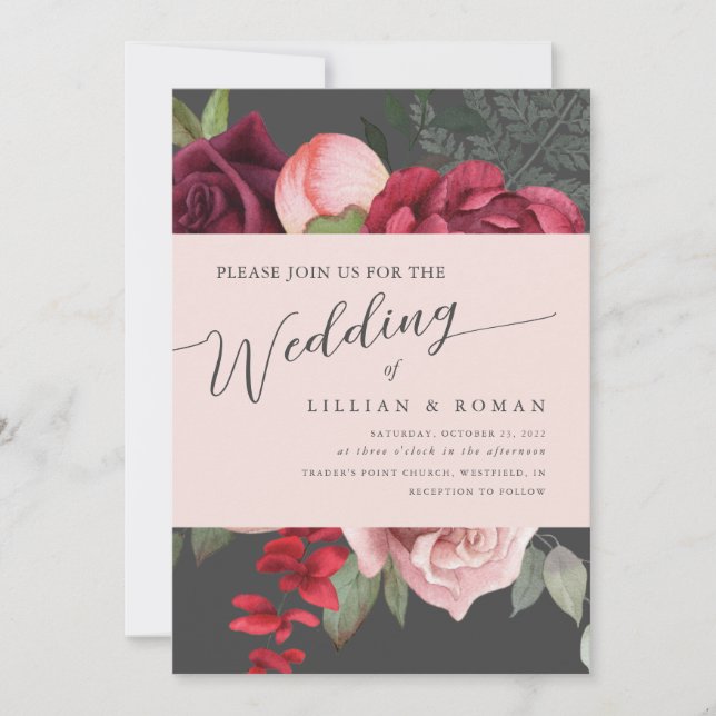 Romantic Floral Bridal Bouquet Pink & Grey Wedding Invitation (Front)