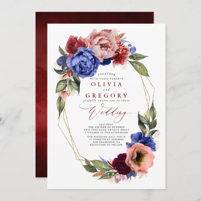 Romantic Floral Burgundy Red and Navy Blue Wedding Invitation (Front/Back)