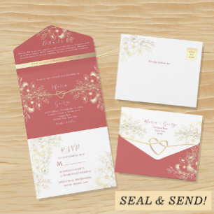 Romantic Floral Coral Wedding All In One Invitation