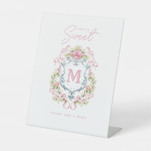 Romantic Floral Crest Monogram Love is Sweet Pedestal Sign