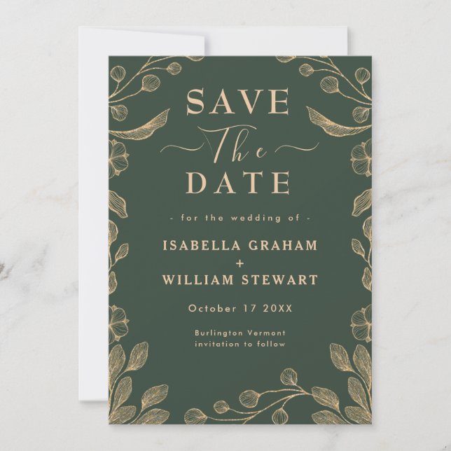 Romantic Floral Dark Green Wedding Save The Date Invitation (Front)