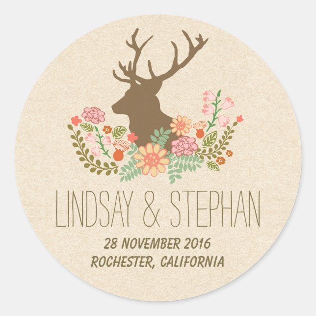 Romantic floral deer wedding stickers (Front)