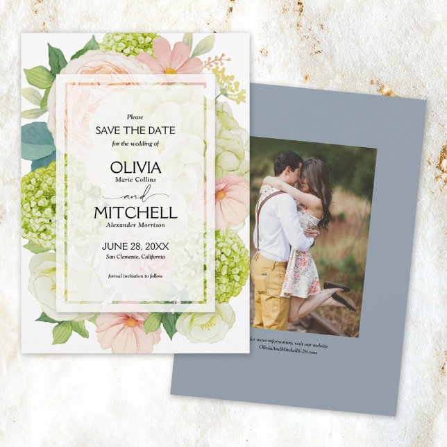 Romantic Floral Dusty Blue Photo Wedding Save The Date (Creator Uploaded)