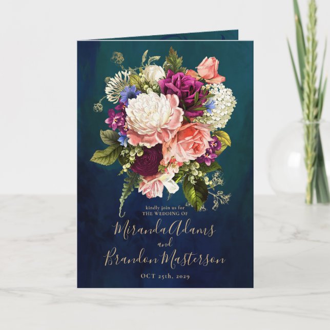 Romantic Floral Emerald Green Gold Wedding Invitation (Front)