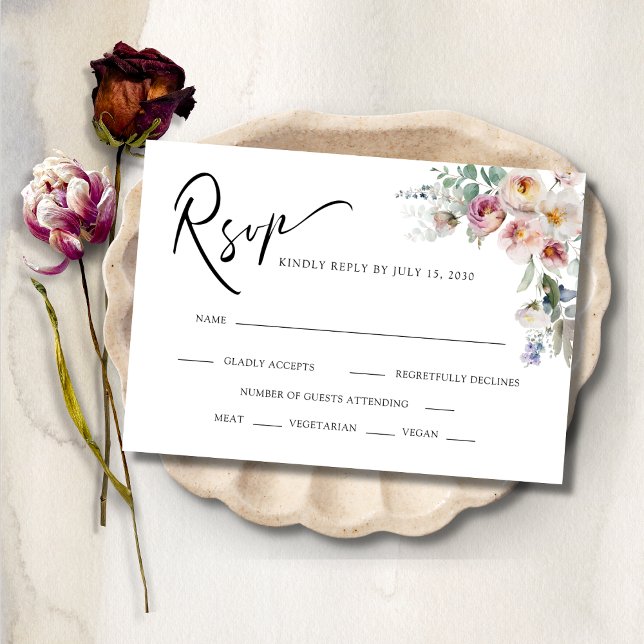 Romantic Floral Eucalyptus Bouquets Wedding RSVP Card (RSVPWeddingEnclosureReplyCard-RomanticFloralEucalyptus)