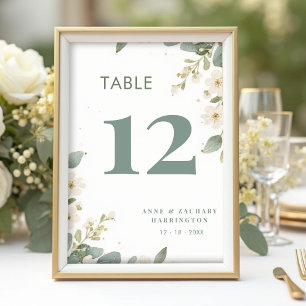 Romantic Floral & Eucalyptus Branches Wedding Table Number