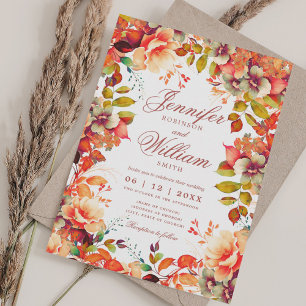 Romantic Floral Fall Autumn Wedding w/ QR RSVP Invitation