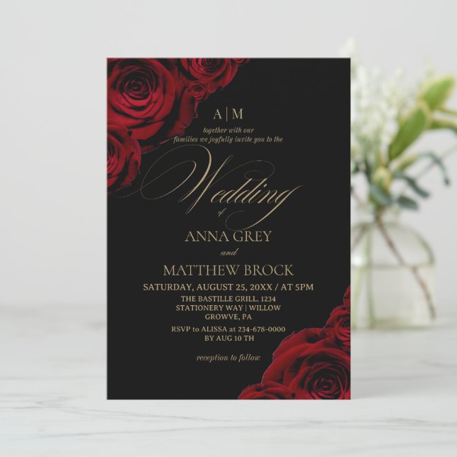 Romantic Floral Fall Rose⎮All in One Wedding Invitation (Standing Front)