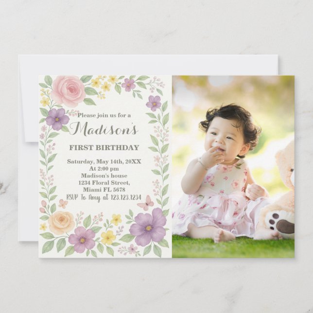 Romantic Floral First Birthday Invitation (Front)