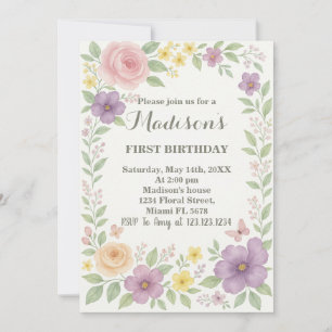 Romantic Floral First Birthday Invitation