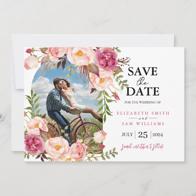 Romantic Floral Frame Custom Photo Save the Date (Front)