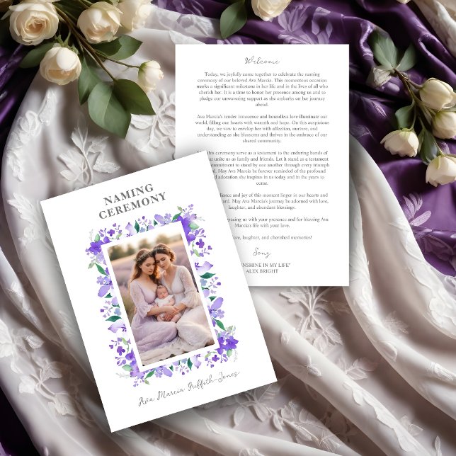 Romantic Floral Frame Purple Shades 2 Photos  Programme (Romantic Floral Frame in Purple Shades with 2 Photos Naming Ceremony Template Program Card.)