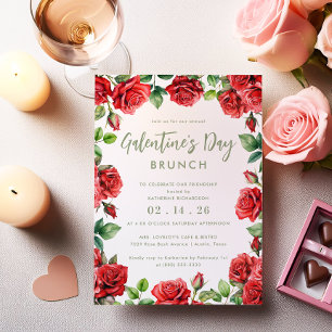 Romantic Floral Galentine's Day Brunch Red Roses Invitation