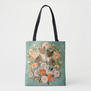 Romantic Floral Garden Cat Cottagecore Botanical Tote Bag
