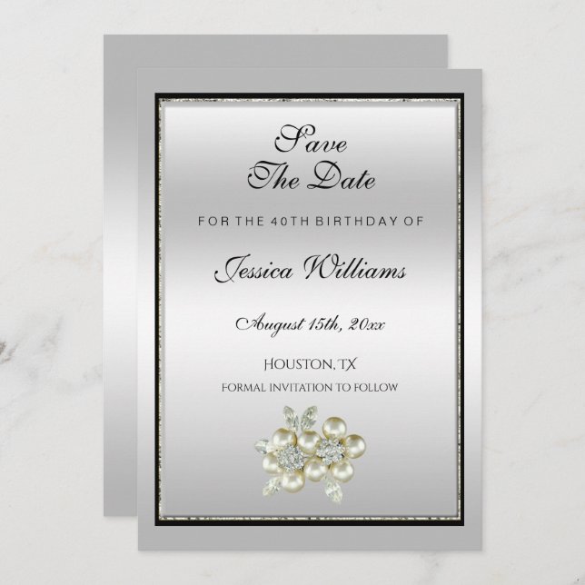 Romantic Floral Gem, Silver & Black  Birthday Save The Date (Front/Back)
