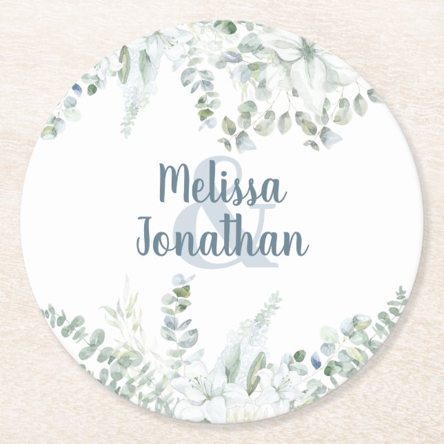 Romantic floral gentle white flowers wedding round paper coaster (Front)