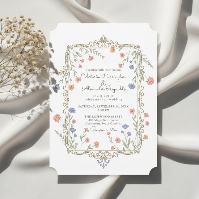 Romantic Floral Gold Frame Wedding Invitation (Romantic floral wedding invitation with delicate gold frame)