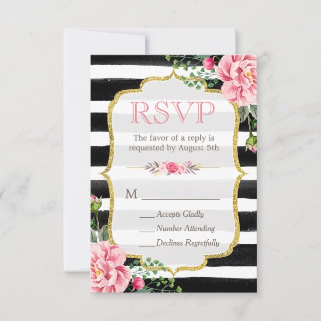 Romantic Floral Gold Glitter B&W Striped RSVP Card (Front)