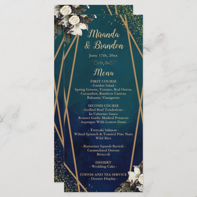 Romantic Floral Gold Wreat Wedding Menu Card (Front/Back)