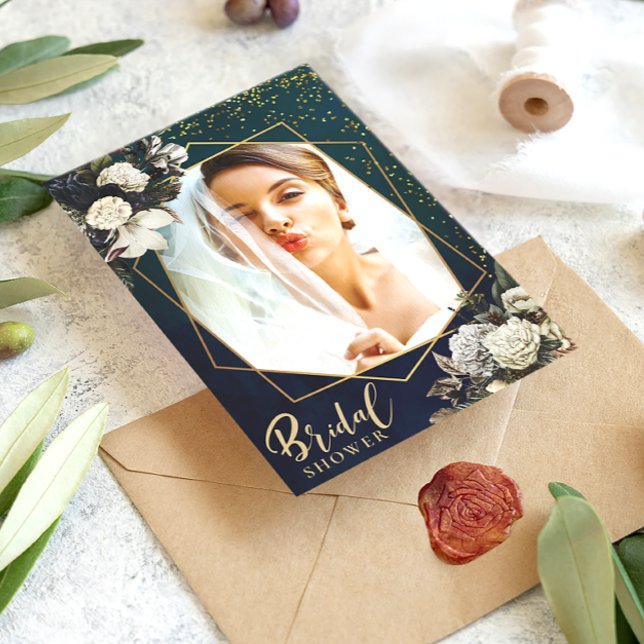 Romantic Floral Gold Wreath Bridal Shower Photo Invitation (Creator Uploaded)