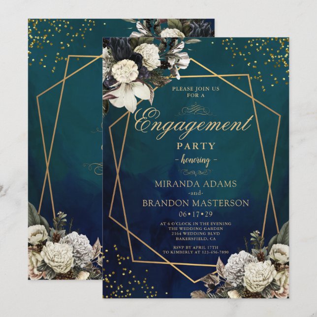 Romantic Floral Gold Wreath Engagement Party Invitation (Front/Back)