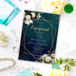 Romantic Floral Gold Wreath Engagement Party Invitation