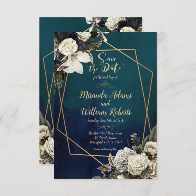 Romantic Floral Gold Wreath Save the Date Wedding Invitation (Front/Back)