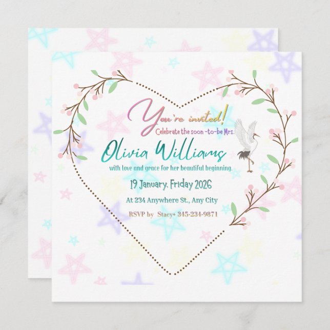 Romantic Floral Heart Bridal Shower Invitation | E (Front/Back)