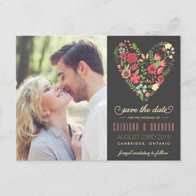 Romantic Floral Heart Photo Save the Date Postcard (Front)