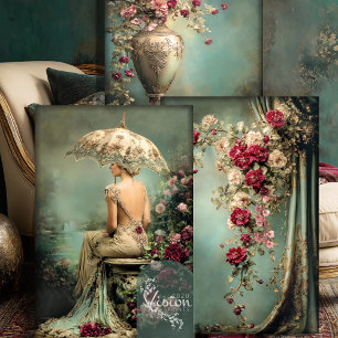 Romantic Floral, Lady & a Parasol, Matching Set Wrapping Paper Sheet