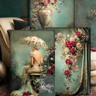 Romantic Floral, Lady & a Parasol, Matching Set Wrapping Paper Sheet