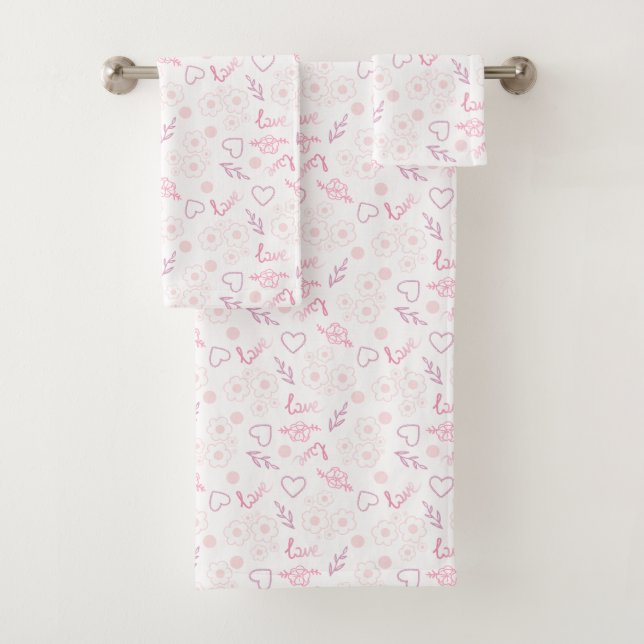 Romantic Floral Love Pattern Bath Towel Set (Insitu)