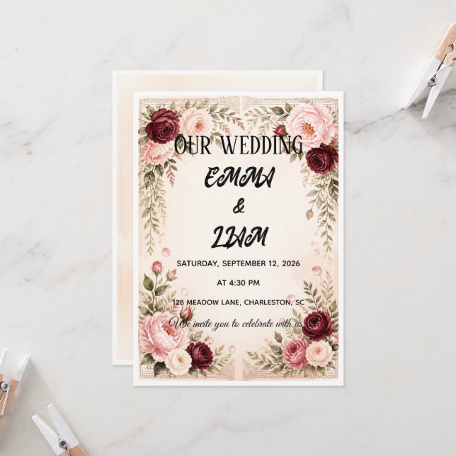 Romantic  Floral Meadow Wedding Invitation (Front/Back In Situ)