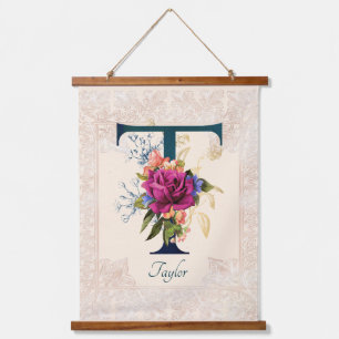 Romantic Floral Monogram Letter T Hanging Tapestry