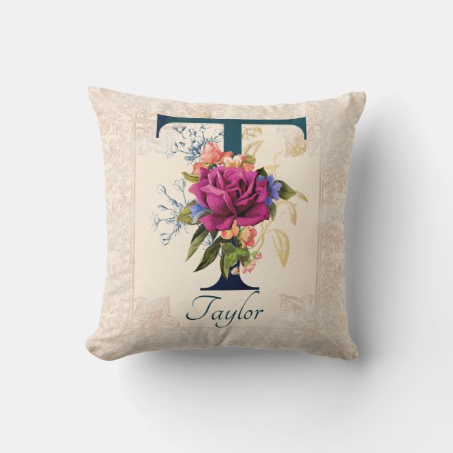 Romantic Floral Monogram Letter T Throw Pillow (Front)