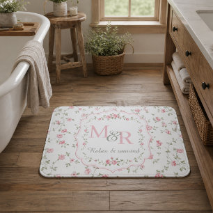 Romantic Floral Monogram Vintage Cottagecore Bath Mat