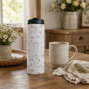 Romantic Floral Monogram   Vintage Cottagecore Thermal Tumbler