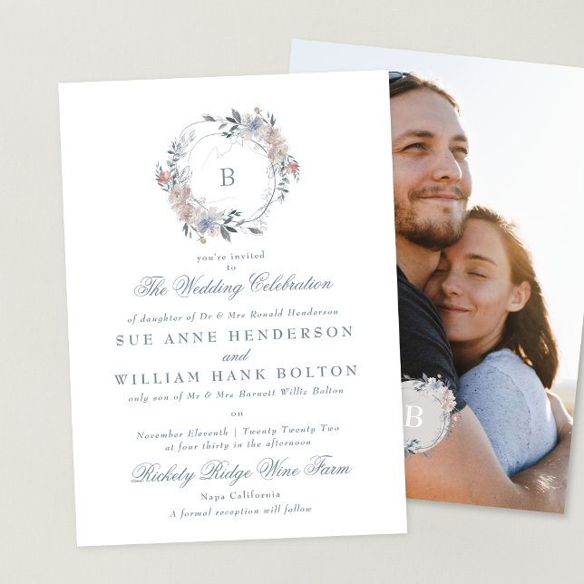 Romantic Floral Monogram Wreath Photo Wedding Invitation (Creator Uploaded)