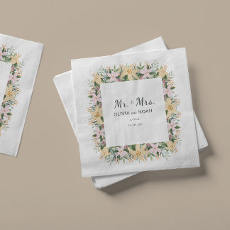 Romantic Floral Mr and Mrs Wedding Napkin
