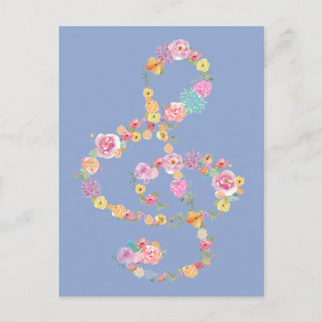romantic floral music treble clef on blue serenity postcard (Front)