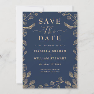 Romantic Floral Navy Blue Botanical Save The Date Invitation
