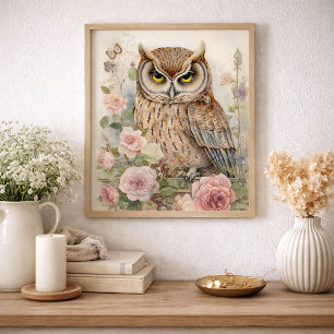 Romantic Floral Owl Watercolor Wildlife Nature Poster