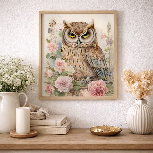 Romantic Floral Owl Watercolor Wildlife Nature Poster (Vintage cottage/farmhouse art - owl and pink floral)
