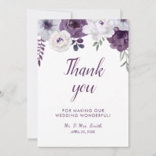 Romantic Floral Purple Silver Personalise Wedding Thank You Card