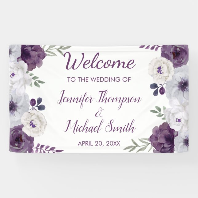 Romantic Floral Purple Silver Wedding Backdrop Banner (Horizontal)