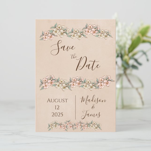 Romantic Floral Script Hand Drawn Chic Wedding Save The Date (Standing Front)