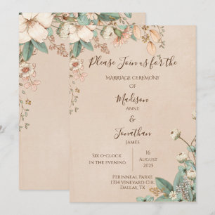 Romantic Floral Script Hand Drawn Pretty Wedding Invitation